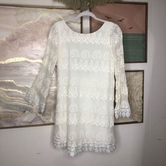 Foley & Corinna Women's Silk Lace Lined Long Sleeve Shift Dress Cream Medium - Picture 1 of 6